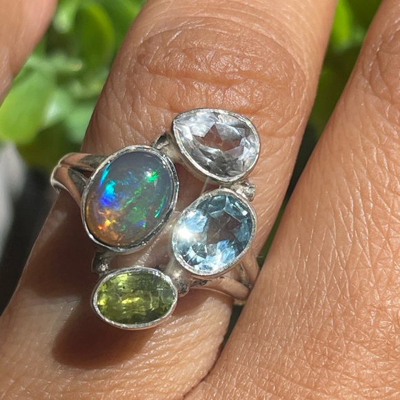 925 Sterling Silver natural Multi-Stone Fire Opal Ring,Topaz Peridot, OS - Picture 7 of 13